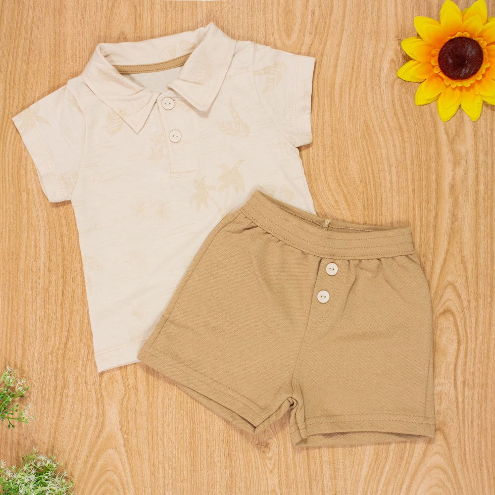 CONJUNTO PARA BEBÊ CAMISETA POLO E SHORTS PARADISE BEGE