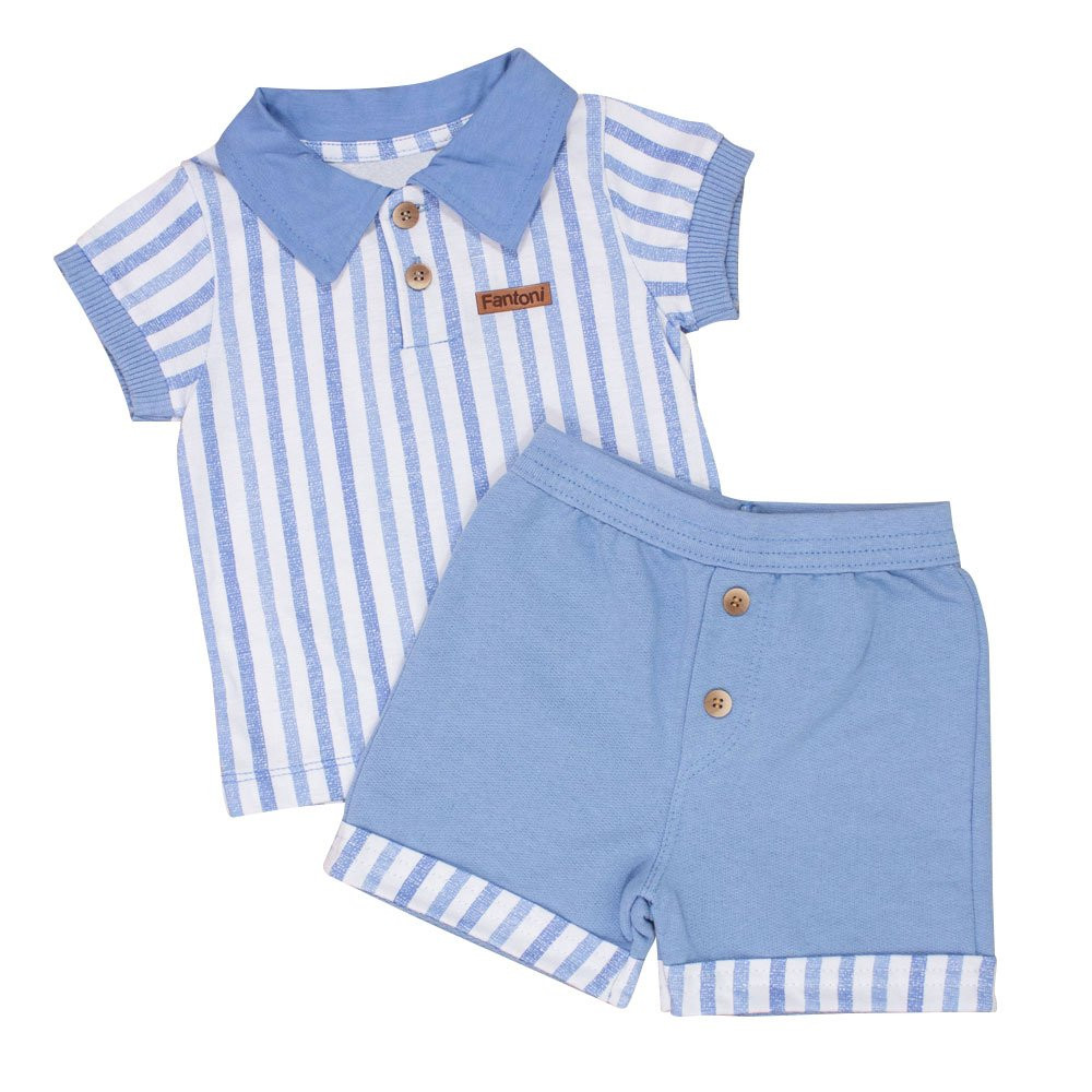 CONJUNTO PARA BEBÊ CAMISETA POLO E SHORTS LISTRADINHO AZUL
