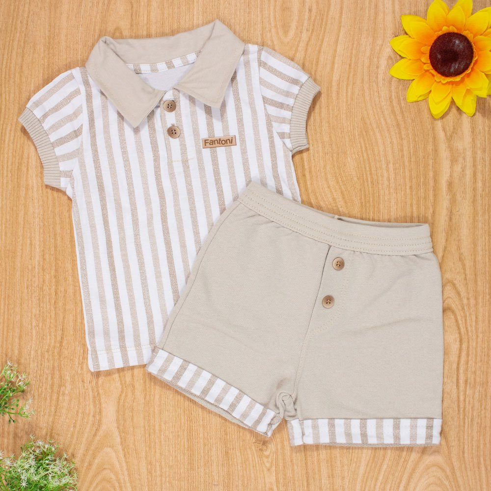 CONJUNTO PARA BEBÊ CAMISETA POLO E SHORTS LISTRADINHO BEGE
