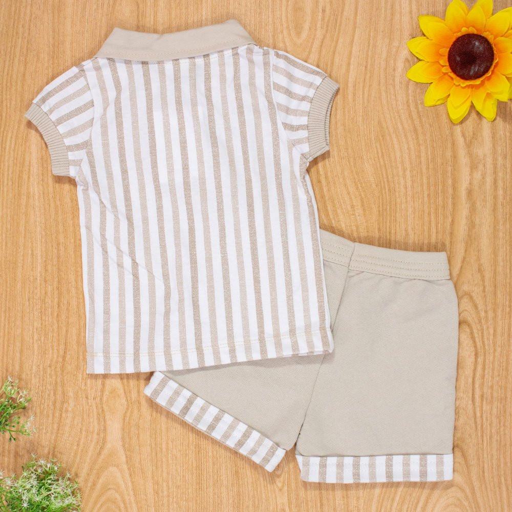 CONJUNTO PARA BEBÊ CAMISETA POLO E SHORTS LISTRADINHO BEGE