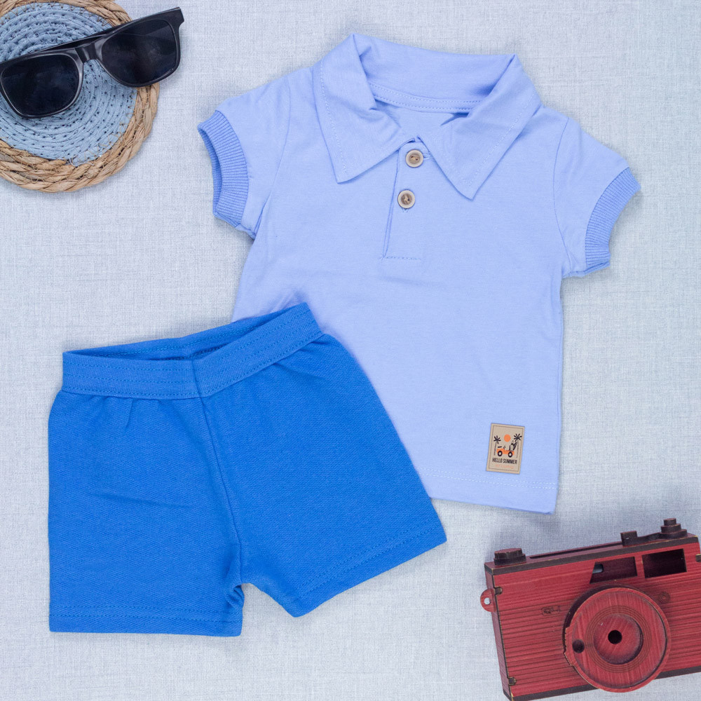 Conjunto Polo Bebê Menino Camiseta Gola Polo com Dois Botões e Bermuda Azul Claro