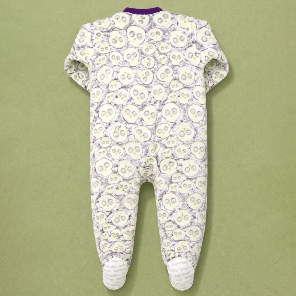 Macacão Infantil de Pelúcia Fleece Longo Até 24 Meses Zíper Frontal Roxo Estampa Caveira 