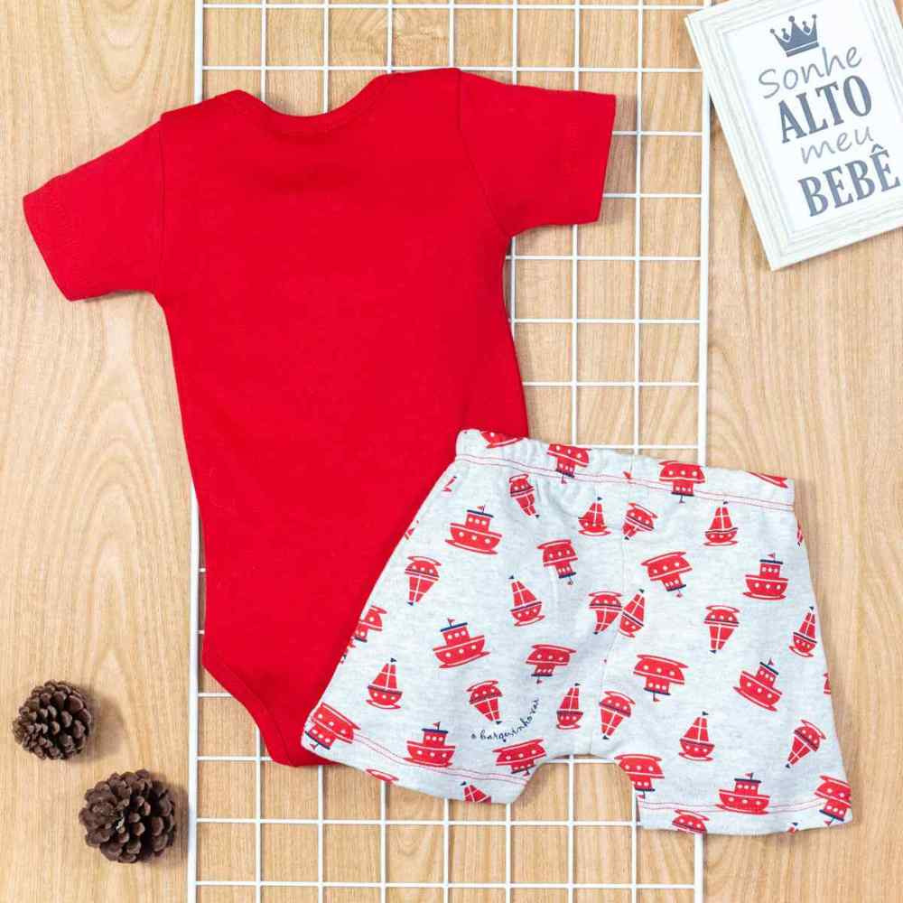 CONJUNTO CURTO BEBÊ BODY BORDADO E SHORTS BARQUINHO VERMELHO