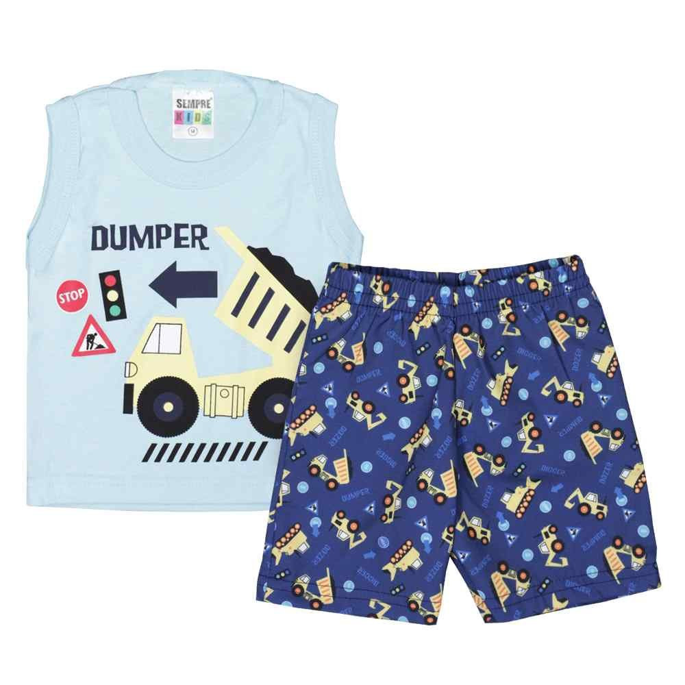 CONJUNTO CURTO PARA BEBÊ REGATA ESTAMPA TRATOR AZUL CLARO COM SHORT ESTAMPADO MARINHO