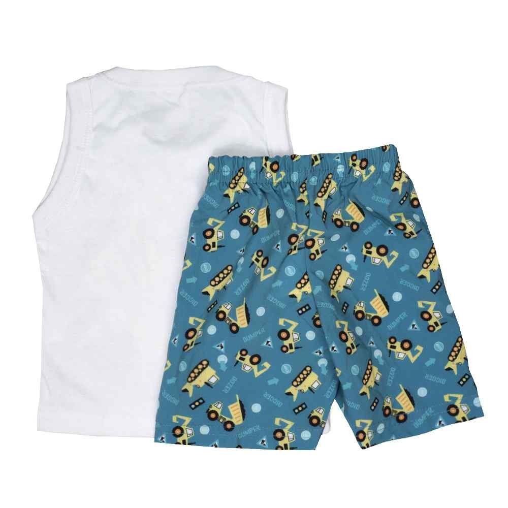 CONJUNTO CURTO PARA BEBÊ REGATA ESTAMPA TRATOR BRANCO COM SHORT ESTAMPADO VERDE