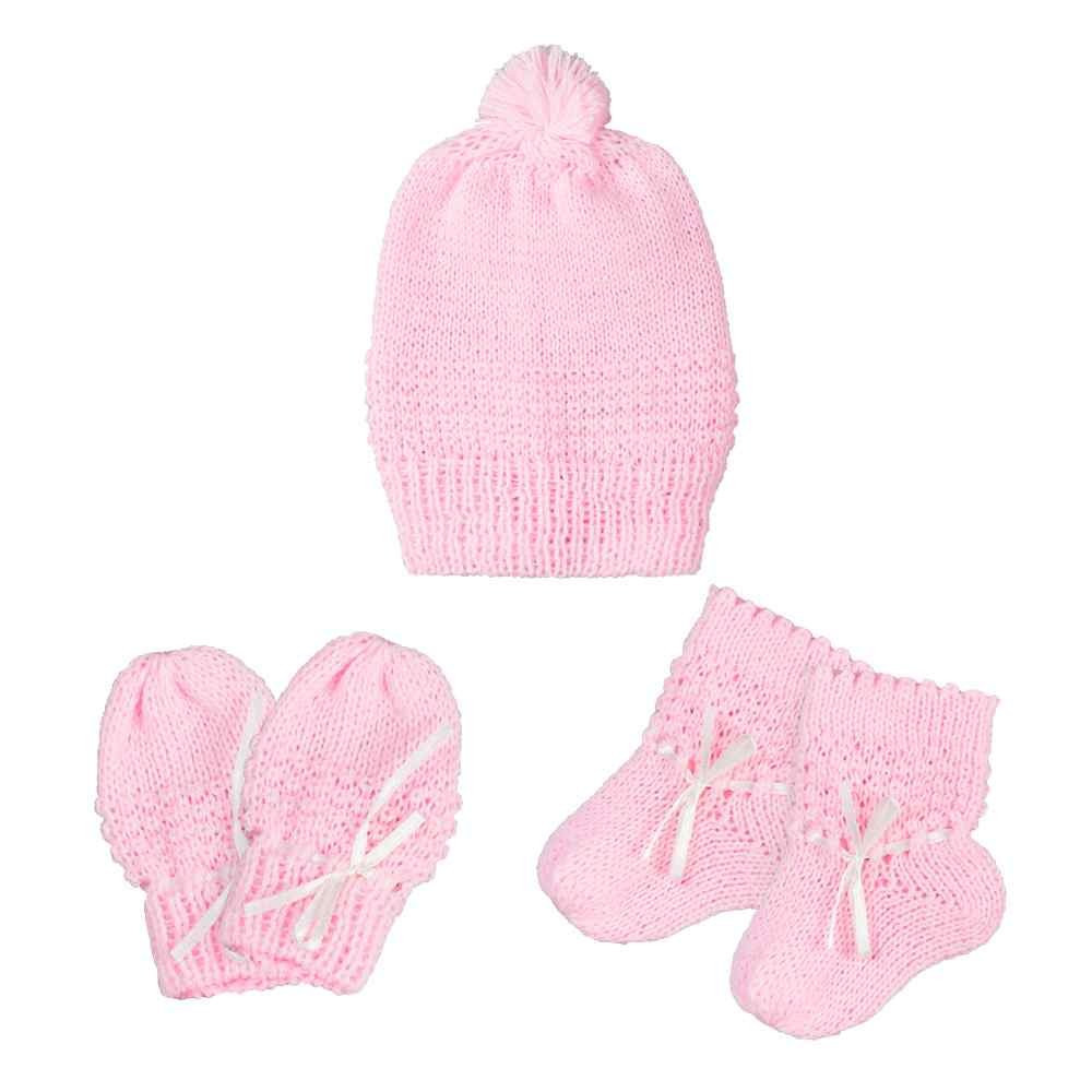 KIT TOUCA, LUVA E MEIA PARA BEBÊ TRICÔ ROSA COM FITINHA