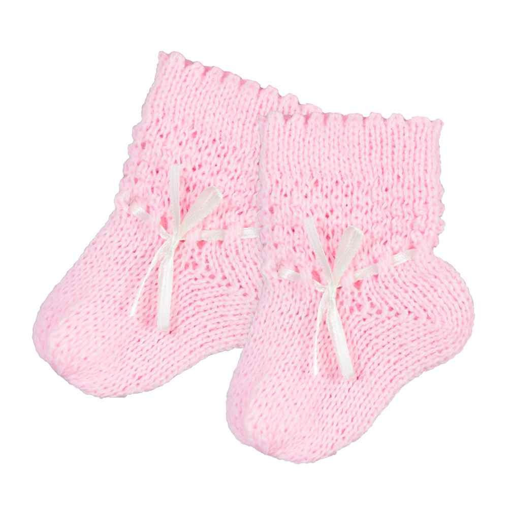 KIT TOUCA, LUVA E MEIA PARA BEBÊ TRICÔ ROSA COM FITINHA