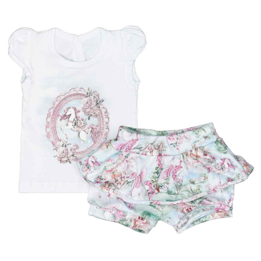 CONJUNTO PARA BEBÊ SHORTS SAIA UNICÓRNIO RANDA MUNDU BRANCO