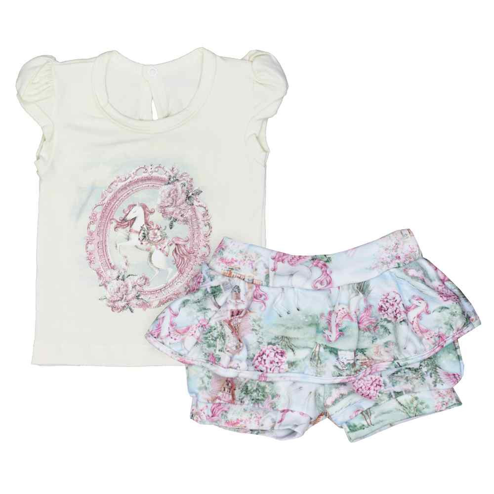 CONJUNTO PARA BEBÊ SHORTS SAIA UNICÓRNIO RANDA MUNDU CREME