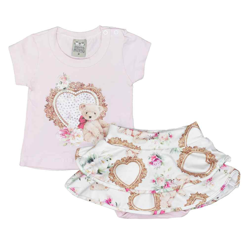 CONJUNTO COM SAIA PARA BEBÊ URSINHO RANDA MUNDU ROSA