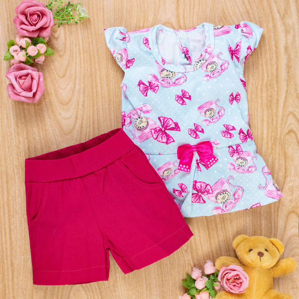 CONJUNTO CURTO PARA BEBÊ COM LACINHO RANDA MUNDU AZUL