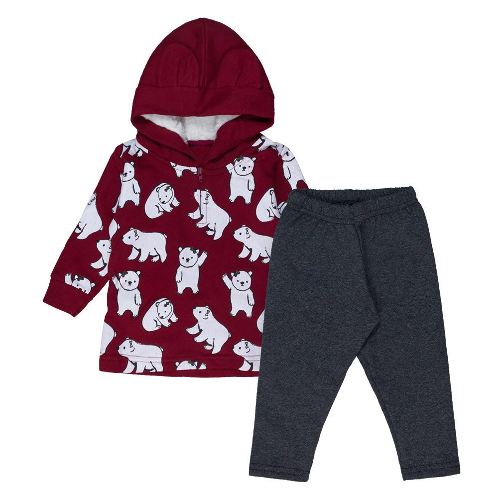 CONJUNTO LONGO EM MOLETINHO BLUSA COM CAPUZ E LEGGING ESTAMPADINHO URSA VINHO