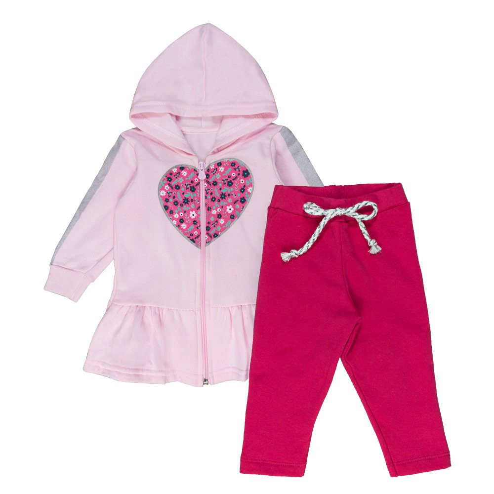 CONJUNTO LONGO EM MOLETINHO VESTIDO E CALÇA ESTAMPA CORAÇÃO FLORIDO ROSA CLARO