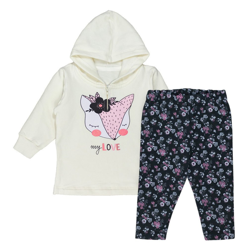 CONJUNTO LONGO EM MOLETINHO BLUSA COM CAPUZ E CALÇA ESTAMPA RAPOSINHA CREME