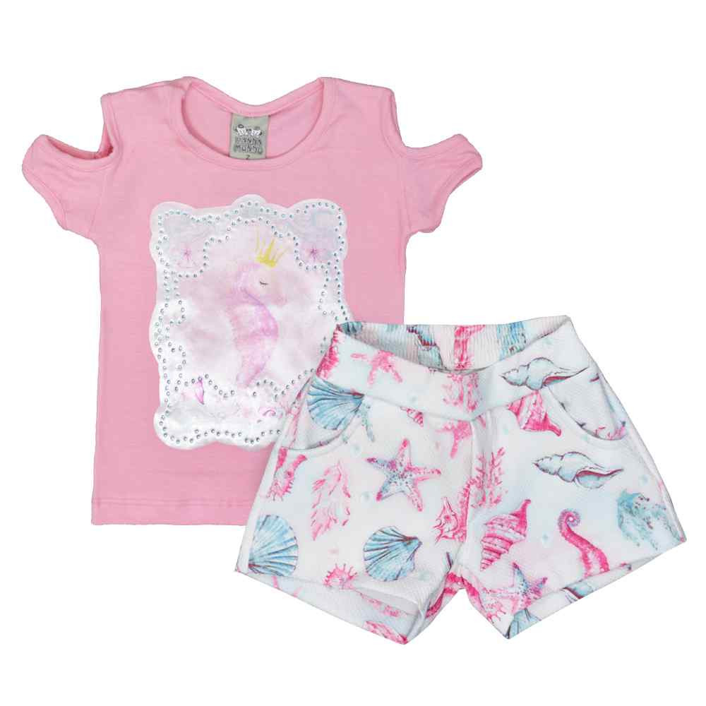 CONJUNTO CURTO BLUSA E SHORT ESTAMPADINHO INFANTIL ROSA