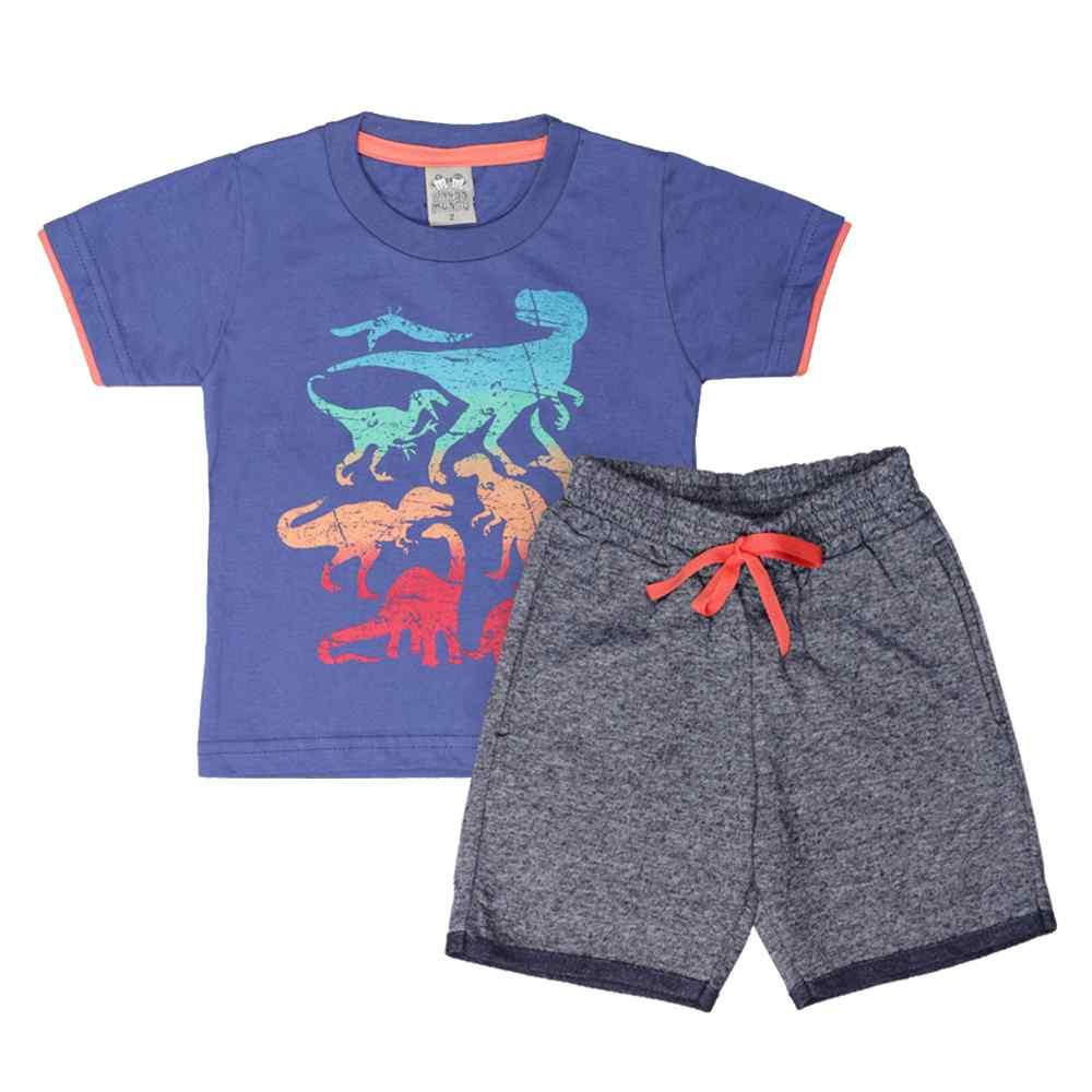 CONJUNTO CURTO CAMISETA E BERMUDA INFANTIL DINOSSAURO MARINHO