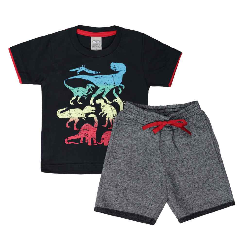 CONJUNTO CURTO CAMISETA E BERMUDA INFANTIL DINOSSAURO PRETO