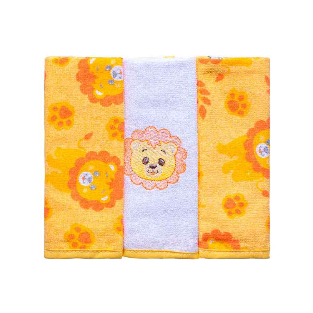 TOALHA DE BOCA KIT 3 PEÇAS 29CM X 35CM ESTAMPADINHO LEÃO AMARELO