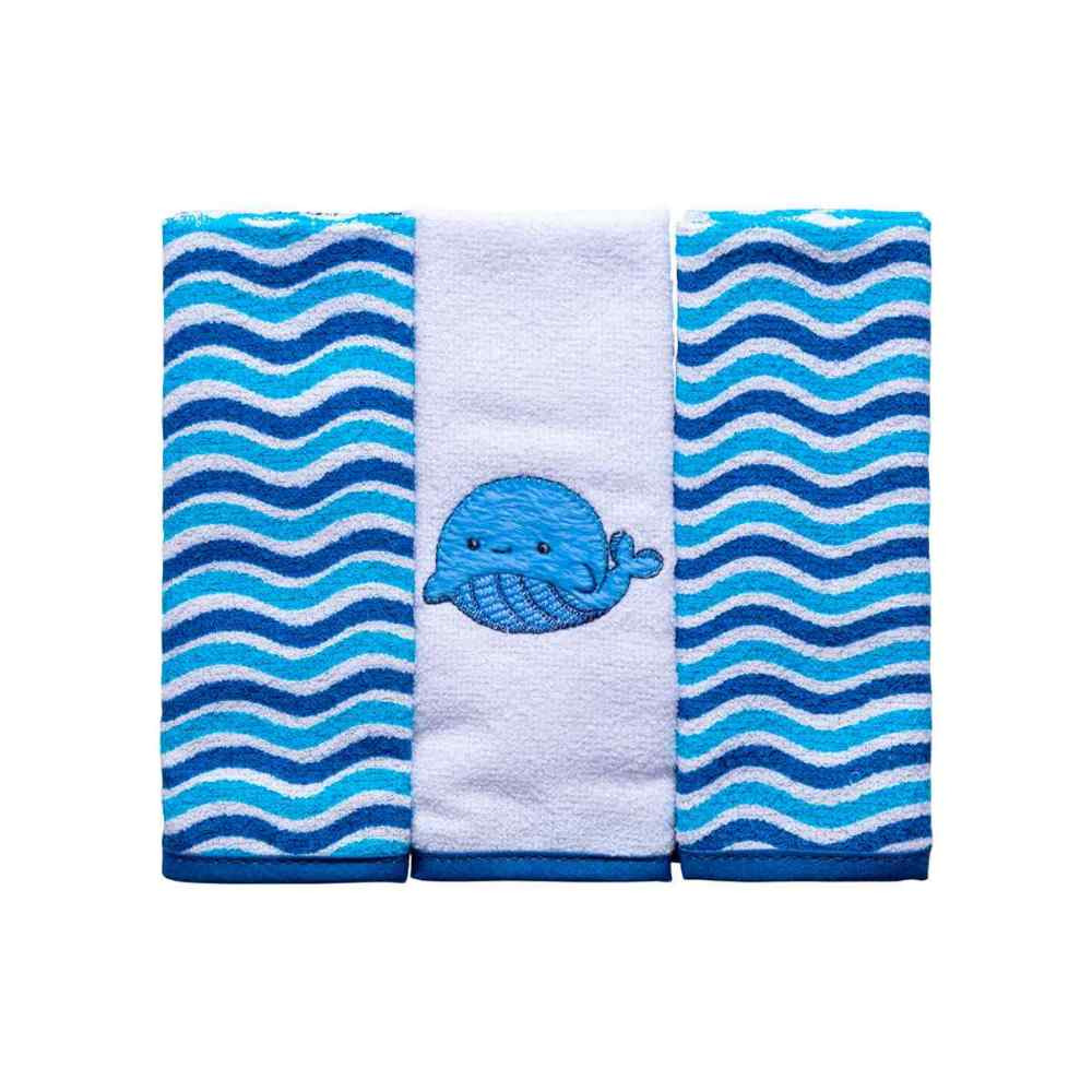 TOALHA DE BOCA KIT 3 PEÇAS 29CM X 35CM ESTAMPADINHO BALEIA AZUL