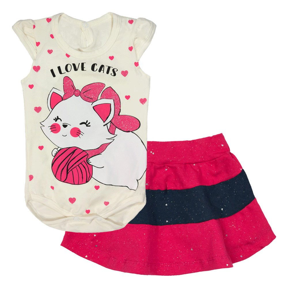 CONJUNTO CURTO BODY E SAIA PARA BEBÊ ESTAMPADO GATINHA CREME