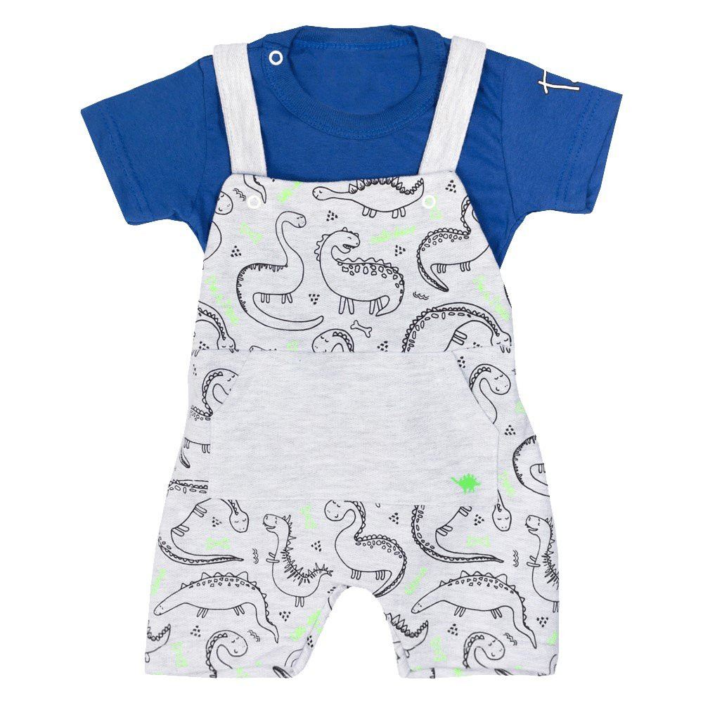 JARDINEIRA CURTA ESTAMPADINHA DINO E BLUSA PARA BEBÊ ROYAL
