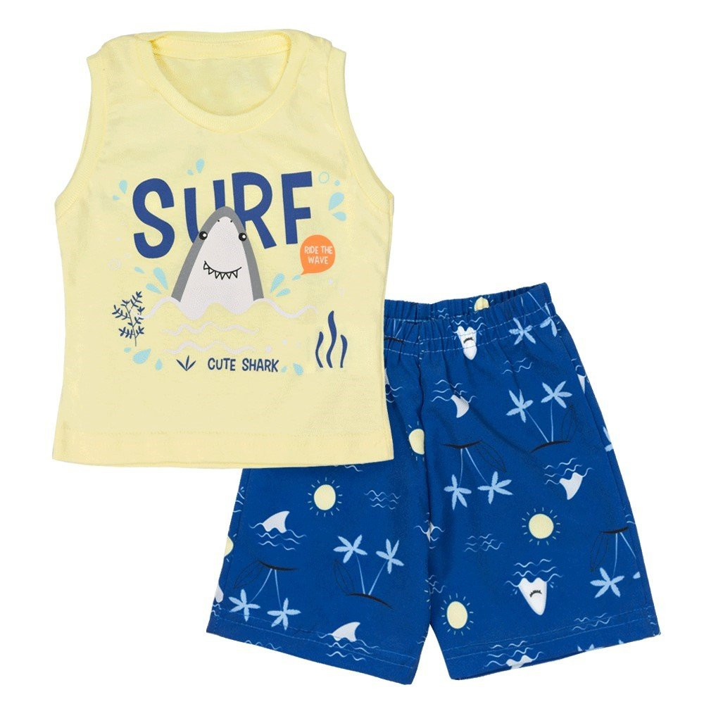 CONJUNTO CURTO REGATA E BERMUDA PARA BEBÊ ESTAMPADO SURF AMARELO