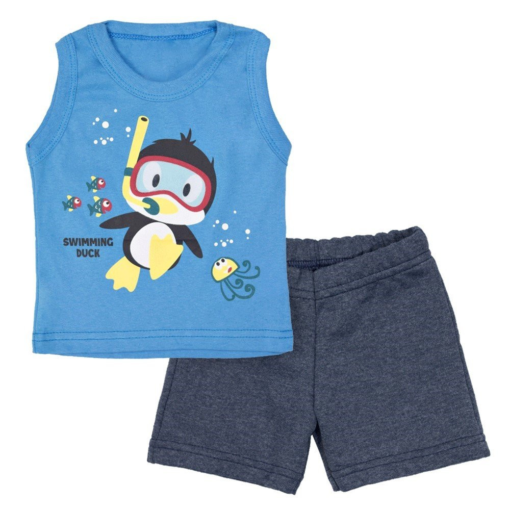 CONJUNTO CURTO REGATA E BERMUDA PARA BEBÊ ESTAMPADO DUCKY AZUL