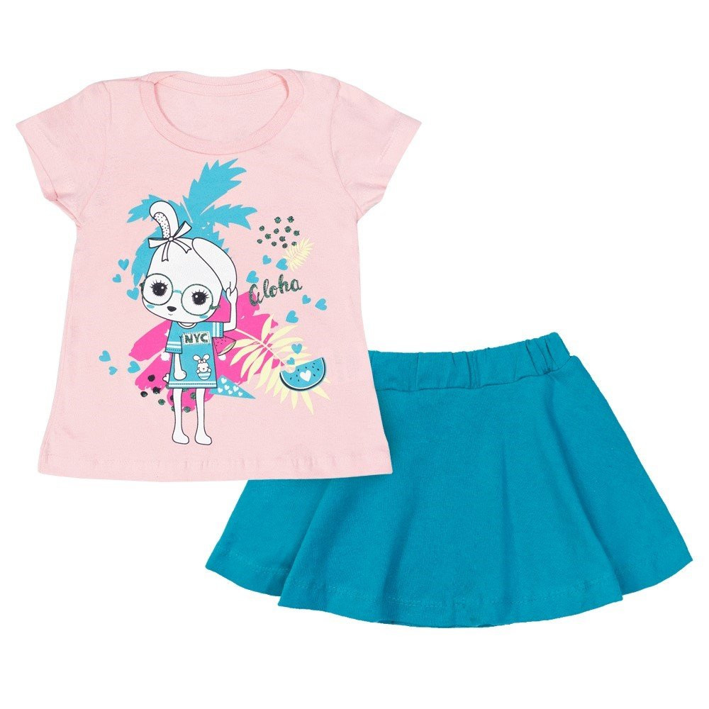 CONJUNTO CURTO BLUSA E SHORT SAIA INFANTIL ESTAMPADO ALOHA ROSÊ