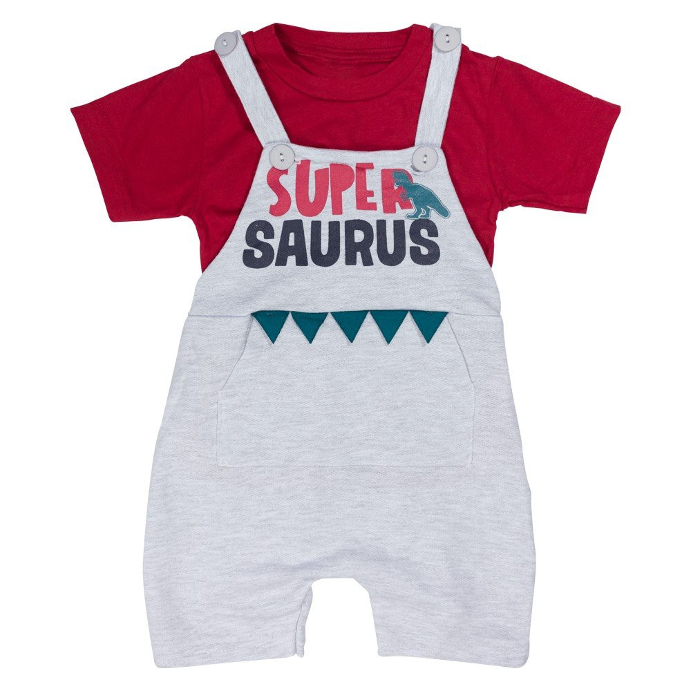 JARDINEIRA CURTA ESTAMPADINHA DINO INTERATIVO E BLUSA INFANTIL VERMELHO