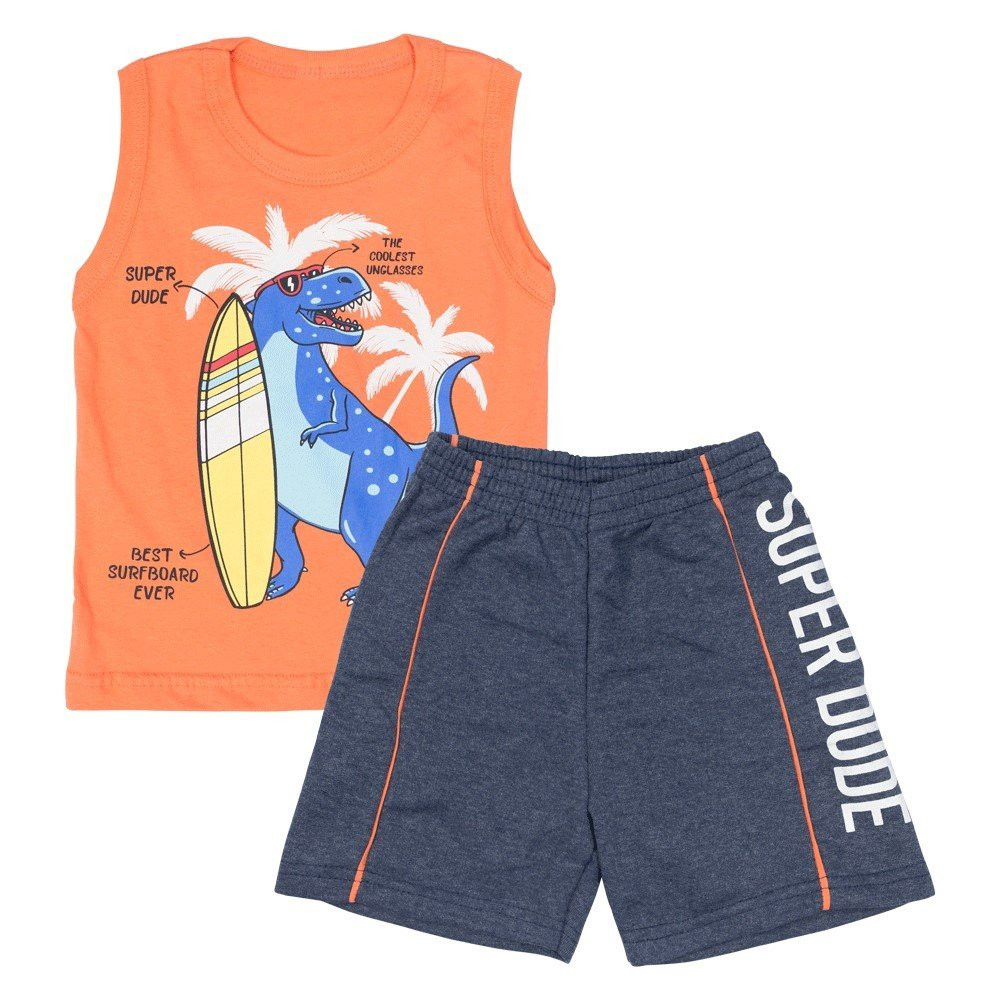 CONJUNTO CURTO REGATA E BERMUDA INFANTIL ESTAMPADO DINO LARANJA