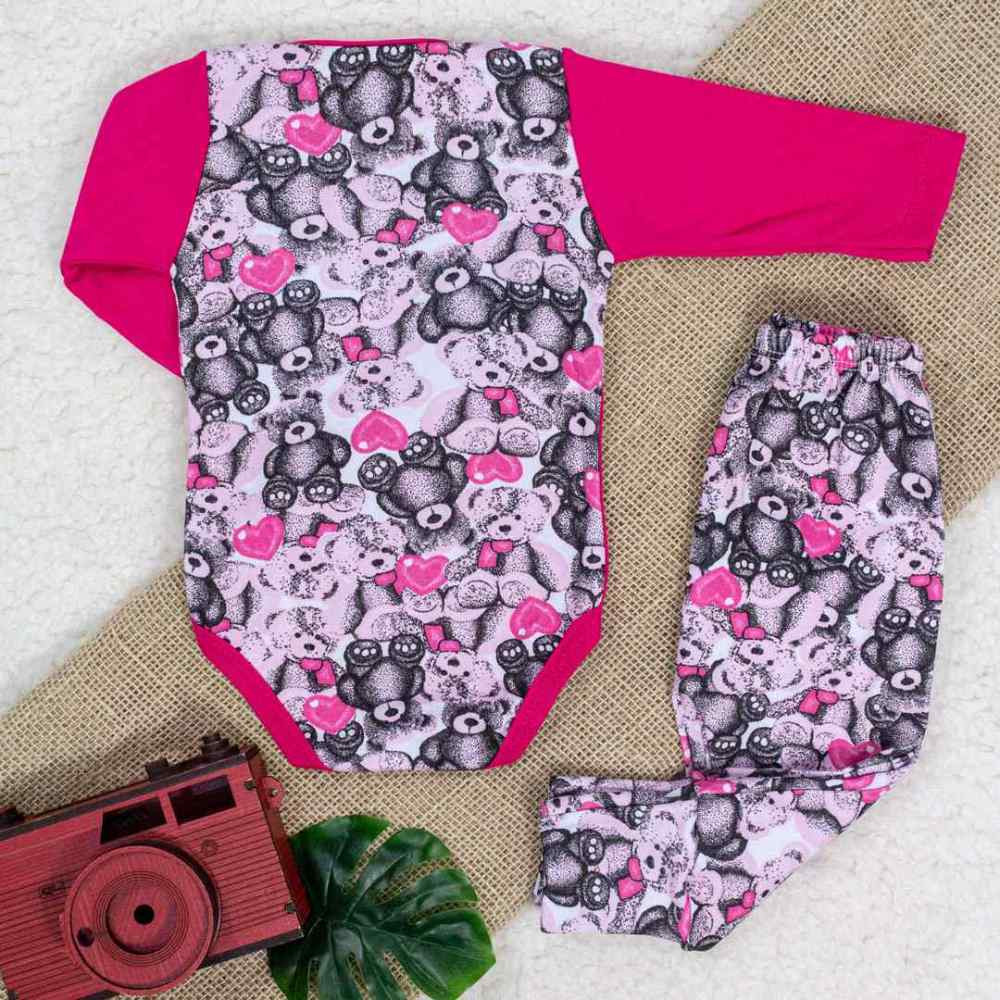 CONJUNTO LONGO PARA BEBÊ MENINA BODY E CALÇA BORDADINHO PINK
