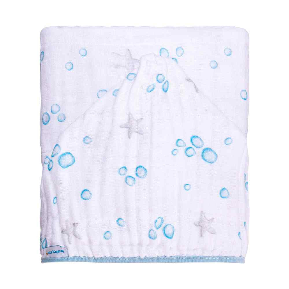 TOALHA SOFT COM CAPUZ PARA BEBÊ ESTAMPA BOLHAS MAR MENINO