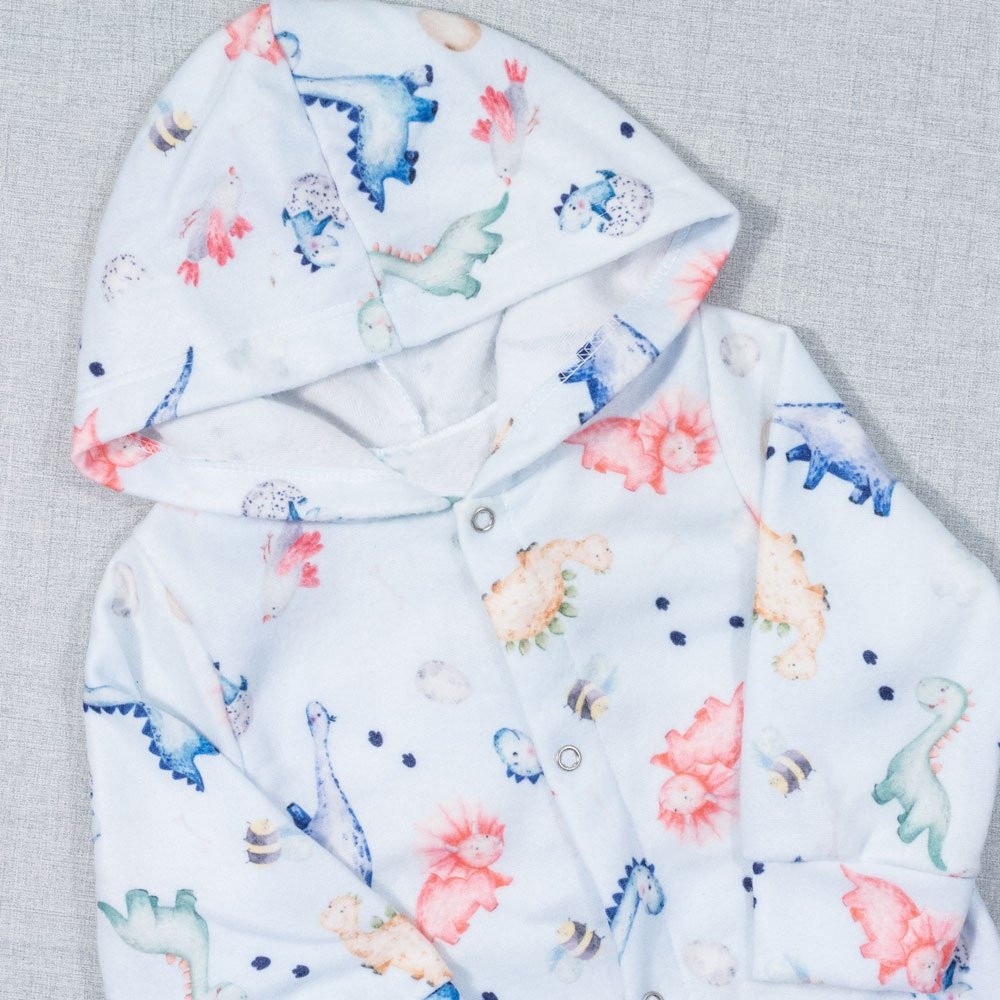 MACACÃO PARA BEBÊ DE SOFT COM CAPUZ ESTAMPADINHO DINO AZUL CLARO