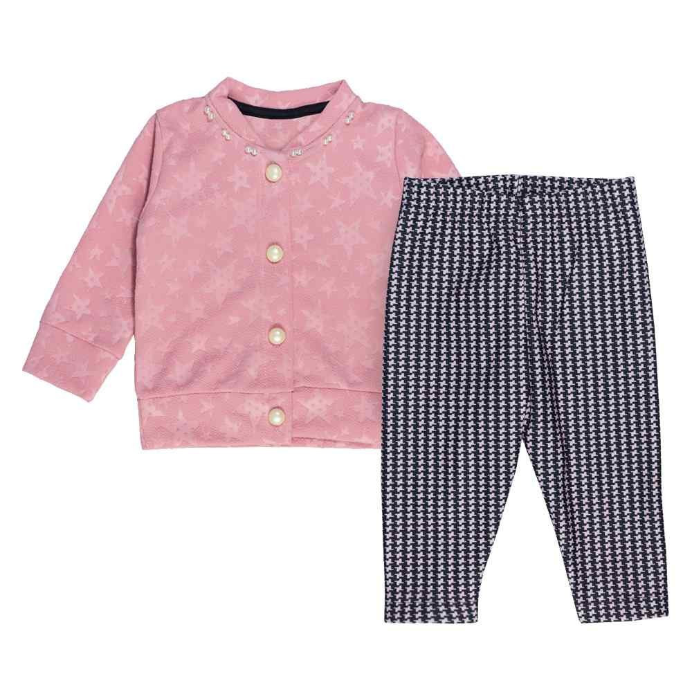 CONJUNTO CASACO E LEGGING PARA BEBÊ ESTAMPADINHA E APLIQUE PÉROLAS ROSA