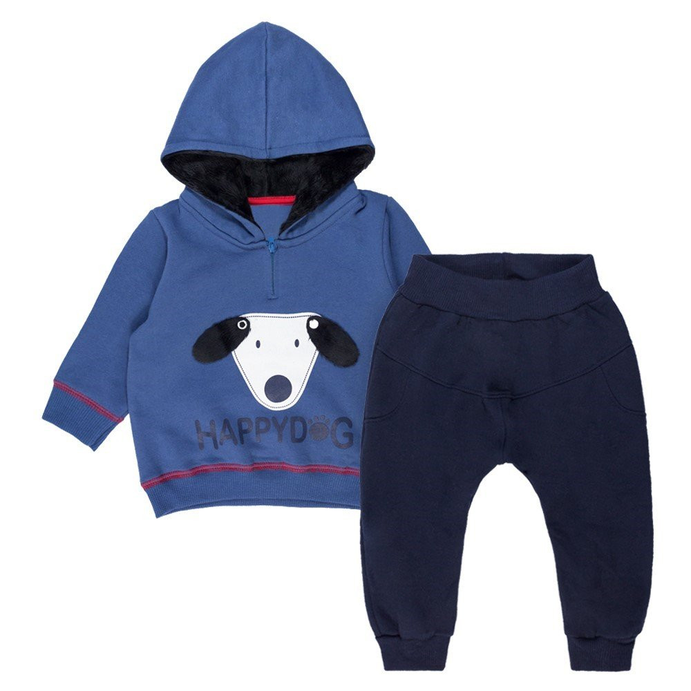 CONJUNTO MOLETOM 2 PÇS BLUSA COM CAPUZ E CALÇA PARA BEBÊ ESTAMPA HAPPY DOG AZUL