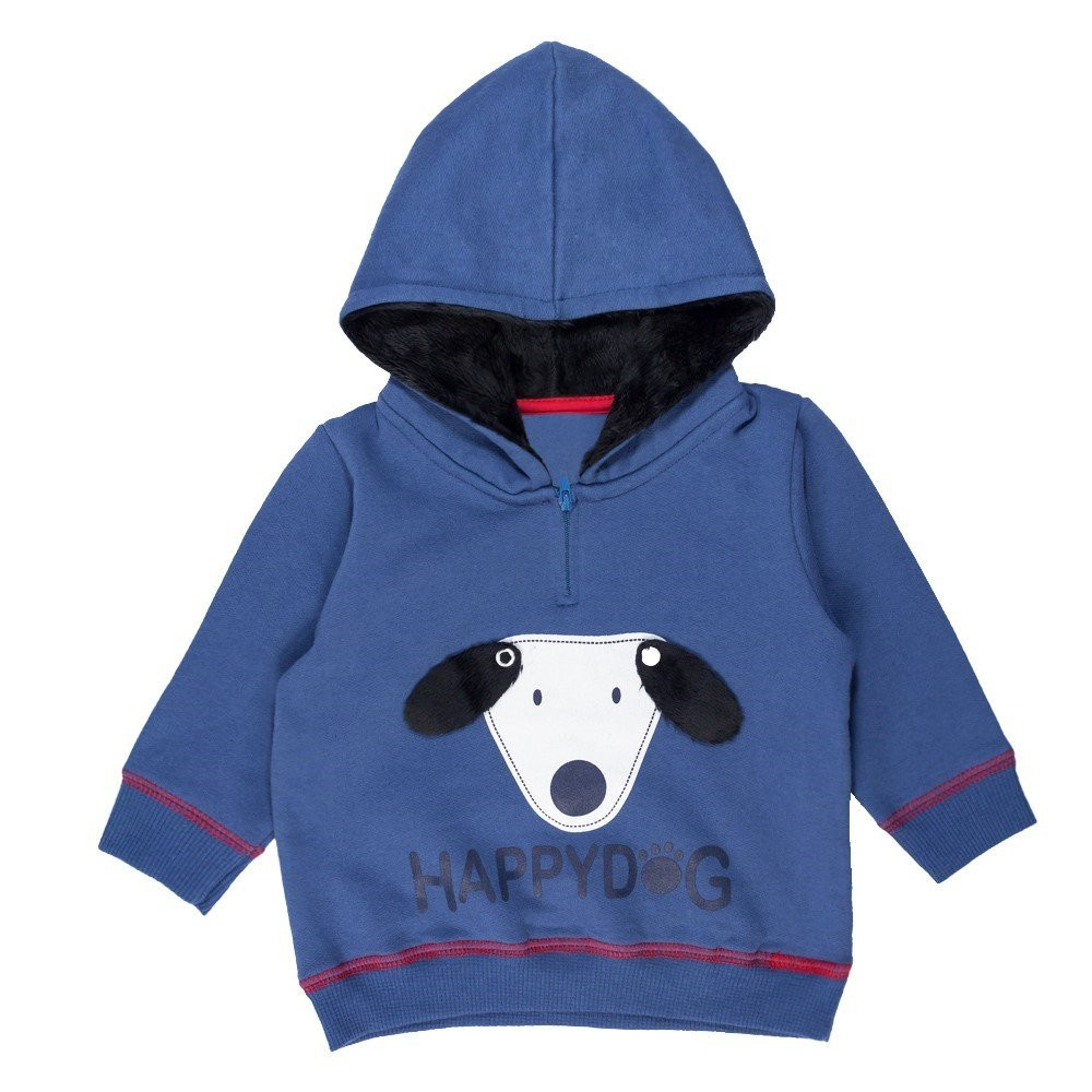 CONJUNTO MOLETOM 2 PÇS BLUSA COM CAPUZ E CALÇA PARA BEBÊ ESTAMPA HAPPY DOG AZUL