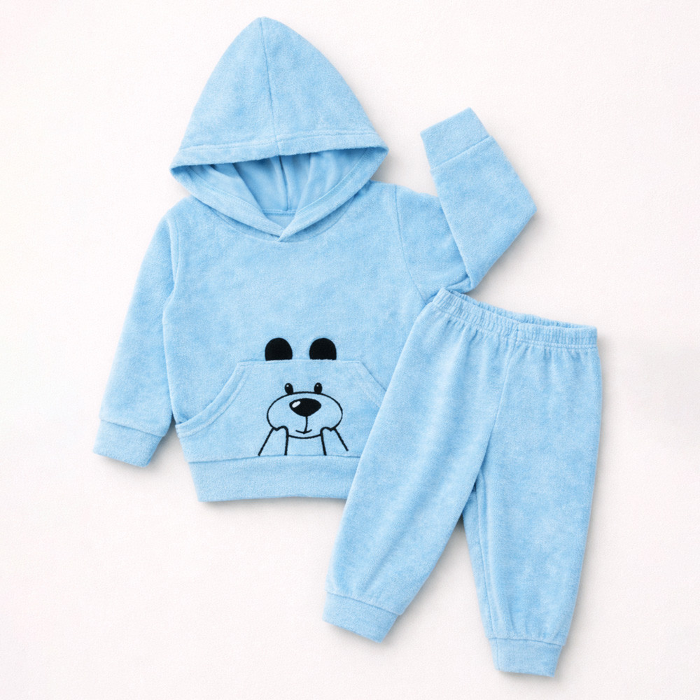 Conjunto Plush Bebê Menino Capuz Cachorrinho Toque Macio Azul 