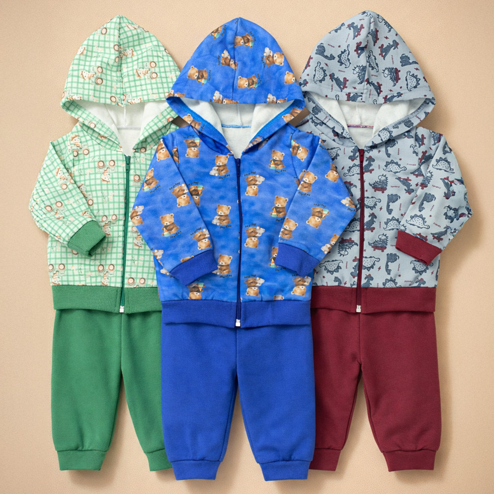 Conjunto Bebê Menino Jaqueta Estampada Com Capuz Moletom Inverno Azul 