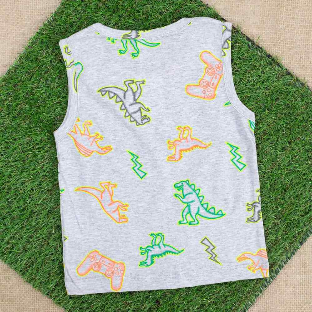 CAMISETA REGATA INFANTIL ESTAMPA DINO GAMER MESCLA