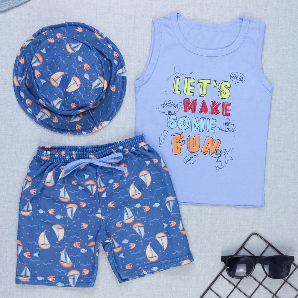 Conjunto Infantil Regata, Chapéu e Bermuda com Estampa Praia Azul