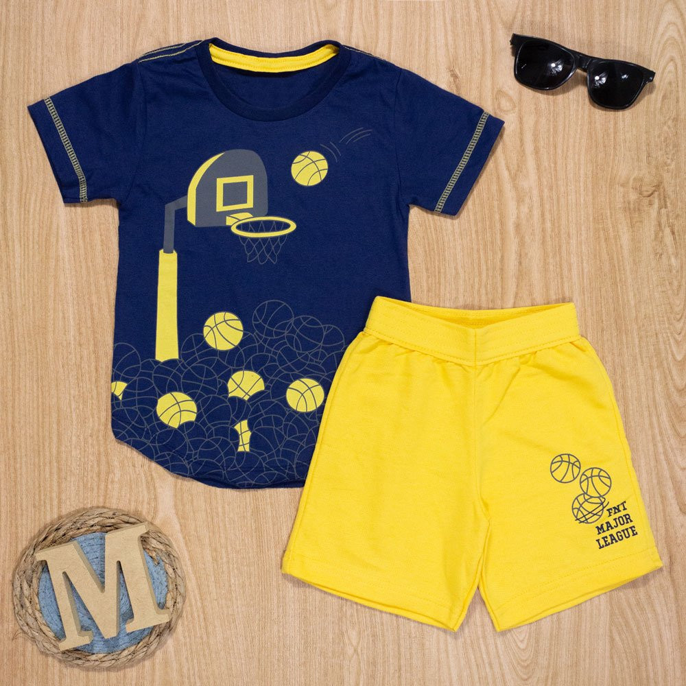 CONJUNTO INFANTIL 1 AO 3 CAMISETA RAGLAN E SHORTS FUN TIME AMARELO