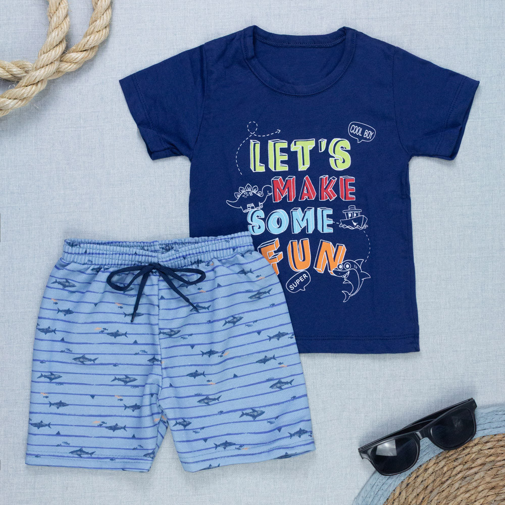 Conjunto Camiseta Estampada e Bermuda Infantil Menino Azul Marinho 