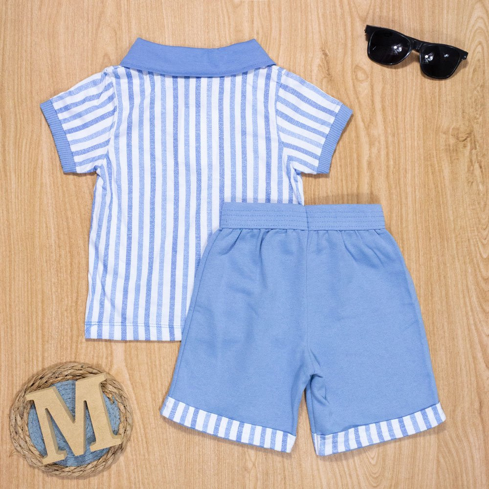 CONJUNTO INFANTIL 1 AO 3 CAMISETA POLO E SHORTS LISTRAS AZUL