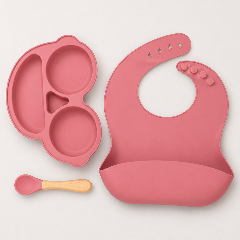 Kit Alimentação Bebê Silicone 3 Peças Prato Babador Colher BPA Free Rose