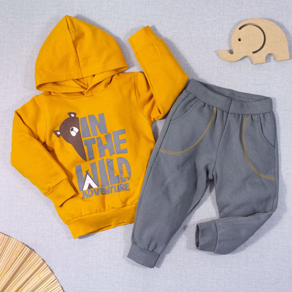 CONJUNTO INFANTIL 1 AO 3 MOLETOM CAPUZ QUENTINHO URSO MOSTARDA