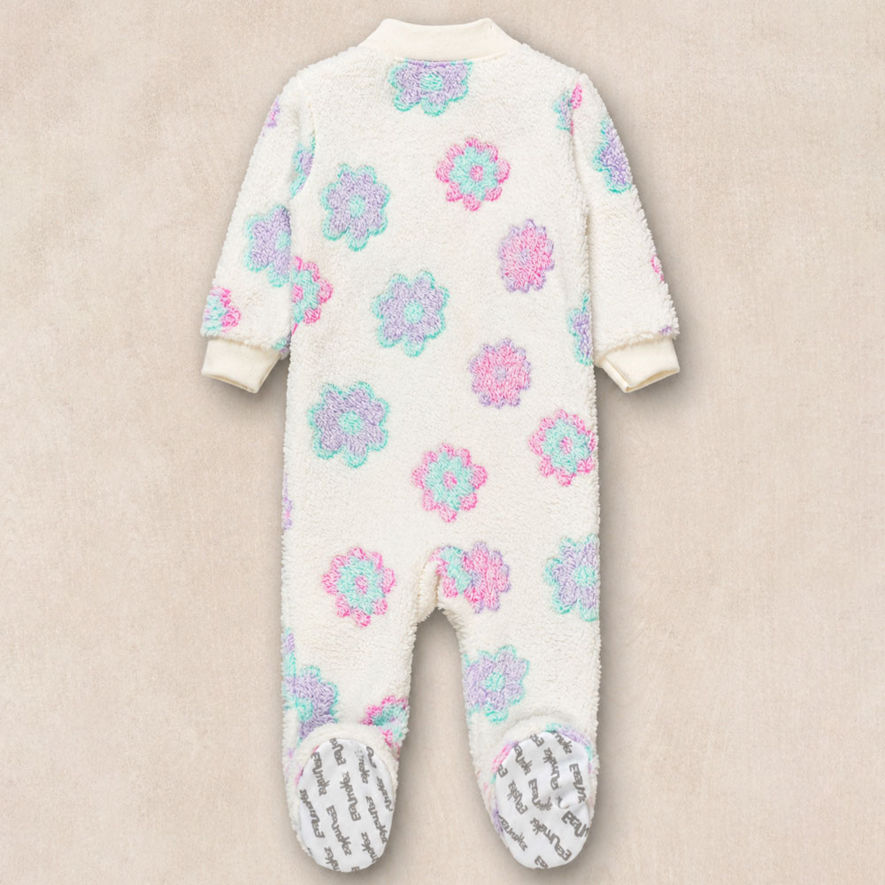 Macacão Fleece Bebê Zíper Solinha Antiderrapante Estampado Flores 0 a 12 Meses