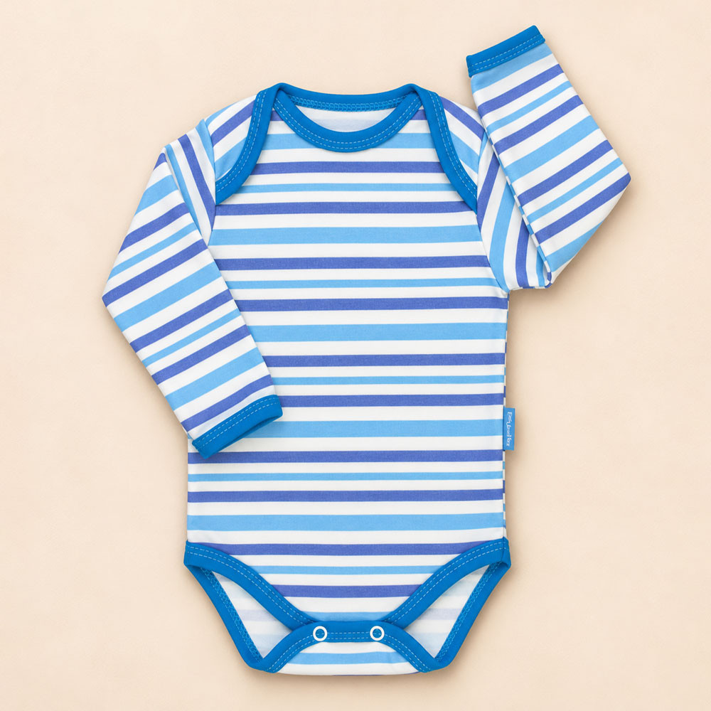 Body Bebê Manga Longa Tecido Macelin Estampado Listras Azul de 0 a 12 Meses 