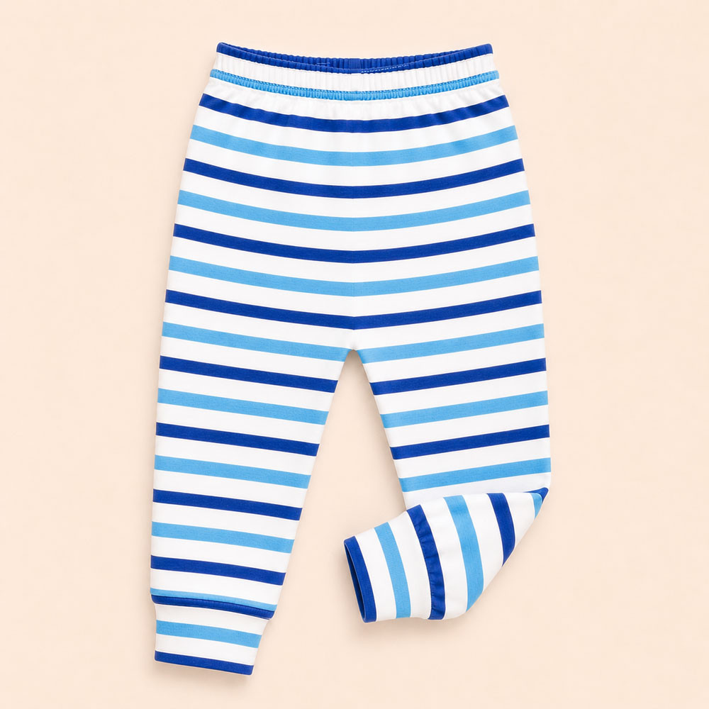 Calça Infantil Tecido Macelin Estampado Listrado Azul De 12 A 24 Meses