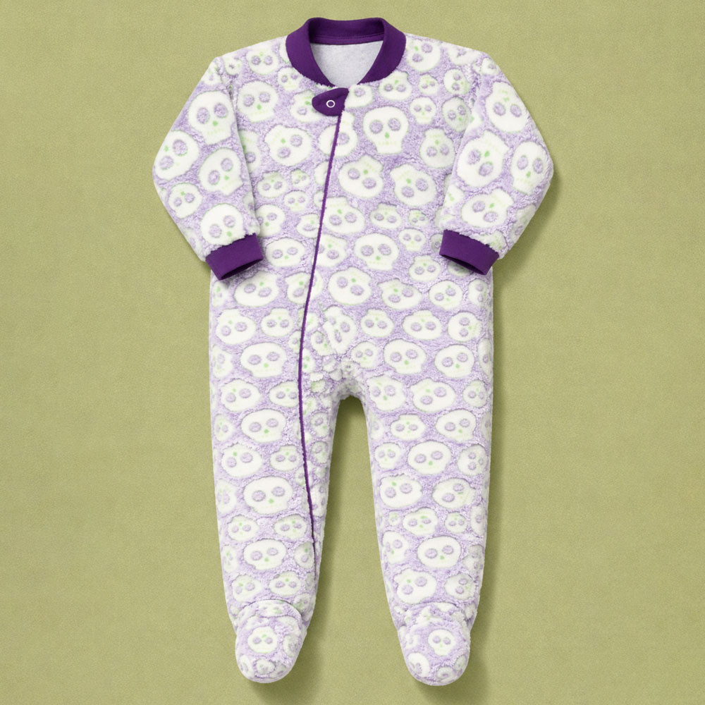 Macacão Infantil de Pelúcia Fleece Longo Até 24 Meses Zíper Frontal Roxo Estampa Caveira 
