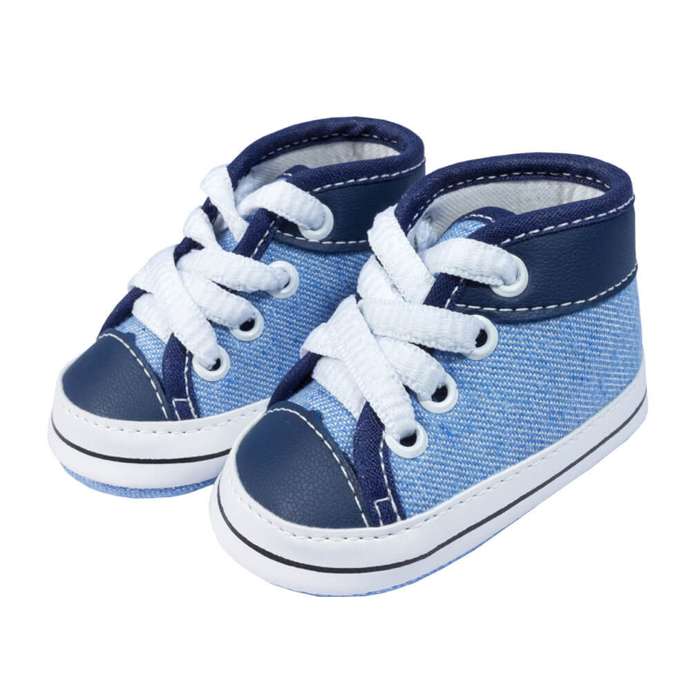 TÊNIS CANO ALTO COM CADARÇO E DETALHE MARINHO PARA BEBÊ MENINO JEANS CLARO
